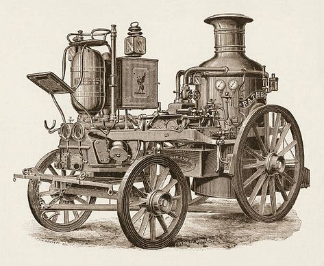 Illustration depicts a steam fire engine, 1885. A plaque on the engine states, 'Two gold medals, Paris, 1878,' while the box behind is depicts a cormorant (similar to a Liver bird, symbol of the city of Liverpool). (Photo by Stock Montage/Getty Images) Liver Bird, Bird Symbol, Ceiling Mural, Steam Machine, Ceiling Murals, Heavy Machinery, Steam Engine, Street Rods, Fire Engine