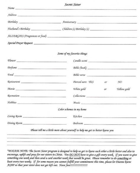 secret sister questionnaire | White Hall Church of Christ Secret Sisters Ideas For Church, Secret Pal Gifts, Church Fellowship, Womens Ministry Events, Women Activities, Prayer Partner, Secret Sister Gifts, Secret Pal, Womens Group