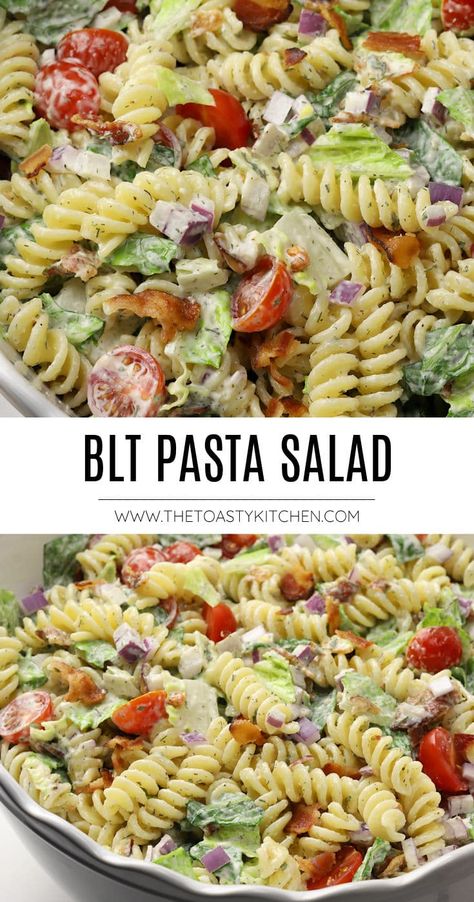 BLT pasta salad recipe by The Toasty Kitchen. tossed in a creamy ranch dressing with rotini pasta to make this flavorful BLT pasta salad. #bltpastasalad #blt #bacon #pastasalad #fourthofjuly #picnicfood #partyfood #sidedish #recipe Blt Pasta Salad Recipe, Rotini Pasta Salad, Creamy Macaroni Salad, Blt Pasta Salad, Summer Pasta Salad Recipes, Classic Pasta Salad, Blt Pasta, Blt Salad, Blt Pasta Salads