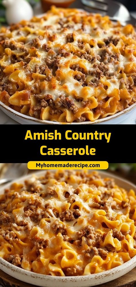 This Amish country casserole is creamy, savory, and filled with noodles, beef, and cheese. A comforting and easy dinner! Ingredients: 1 lb ground beef 2 cups egg noodles 1 cup cream of mushroom soup 1 cup shredded cheese Enjoy this Amish casserole for a deliciously simple and hearty meal Ground Beef Noodle Casserole, Amish Casserole, Amish Country Casserole, Egg Noodle Dishes, Ground Beef Cream Cheese, Beef Recipes Easy Dinners, Country Casserole, Beef Noodle Casserole, Recipes Using Ground Beef