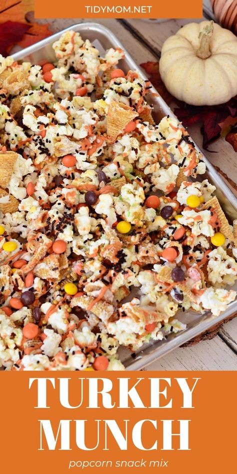 Fall Snacks To Sell, Thanksgiving Snack Recipes, Fall Trash Recipe, Holiday Snack Mix Recipe, Thanksgiving Popcorn Treats, Fall Crunch Munch, Thanksgiving Mix Snack, Popcorn Mix Ins, Fall Party Mix Recipes