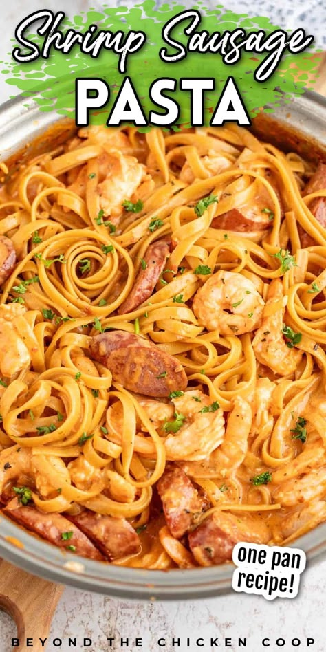 Shrimp Sausage Fettucine is a delicious flavorful pasta dish made with shrimp and kielbasa pasta. Everything is made in just one pan and the pasta is cooked right in with the sauce! You're going to love this shrimp and sausage recipe. It's a tasty dish that is perfect for dinner. The simplicity of this one-pan recipe makes it a convenient option for a quick, fuss-free meal. Each bite captures all the flavors with the pasta cooking directly in the sauce. Make it for lunch or dinner today! Kielbasa And Pasta, Shrimp And Kielbasa, Shrimp Sausage Pasta, Soup Gnocchi, Dish With Shrimp, Kielbasa Pasta, Chicken Sloppy Joes, Shrimp And Sausage, Shrimp Sausage