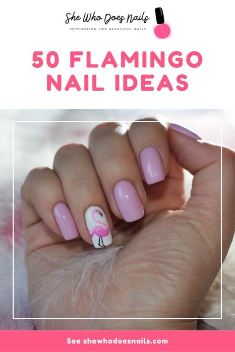 Squoval Nails Design Pink, Pink Flamingo Nail Art, Flamingo Nails Tropical, Flamingo Pedicure, Flamingo Pink Nails, Flamingo Nails Designs, Flamingo Nail Designs, Pink Flamingo Nails, Beach Gel Nails