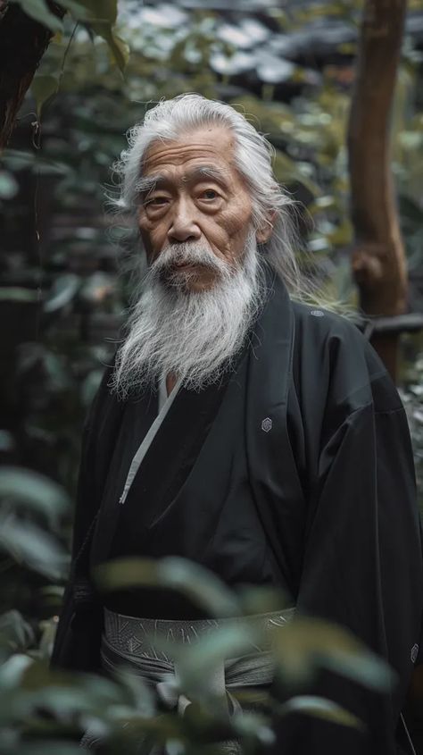 The old man has long white hair and a long white beard. He is wearing a black kimono with a white sash ->> more details in ai-img-gen.com Old Man With Beard, Serious Expression, White Sash, Long White Hair, Man In Black, Black Kimono, Long Beards, White Beard, Old Man