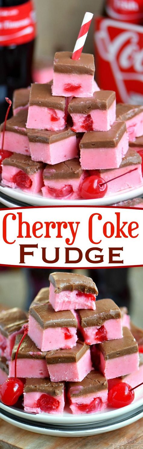 Because we can... Cherry Coke Fudge! A decadent cherry fudge topped with a Coca-Cola chocolate frosting! This irresistible fudge is sure to be a hit! Cherry Fudge, Coca Cola Recipes, Fudge Christmas, Cola Recipe, Fudge Ice Cream, Cherry Coke, Christmas Fudge, Fudge Recipe, Oreo Dessert