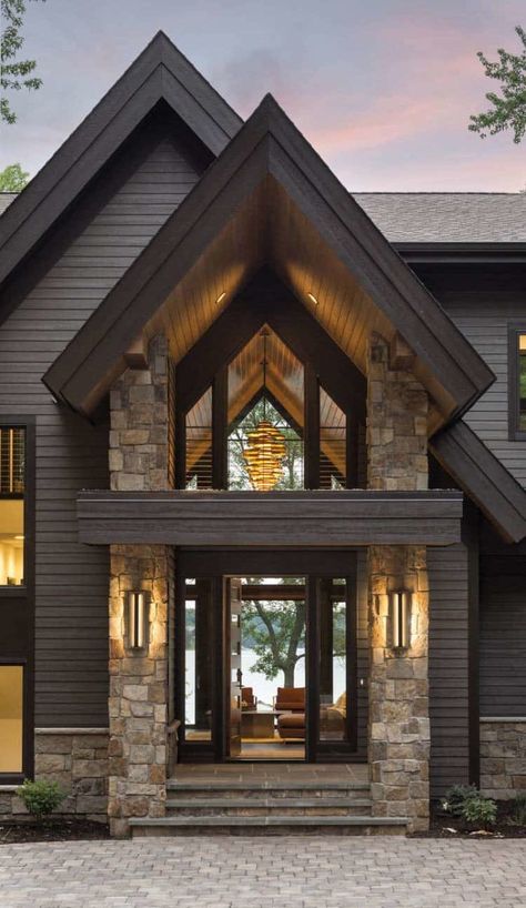 Dark Exterior Inspiration - Taryn Whiteaker Designs Rustic House Exterior, Dark Homes, Contemporary Lake House, Pelan Rumah, Eksterior Modern, Gray House, Modern Lake House, Colors Combinations, Stone Exterior