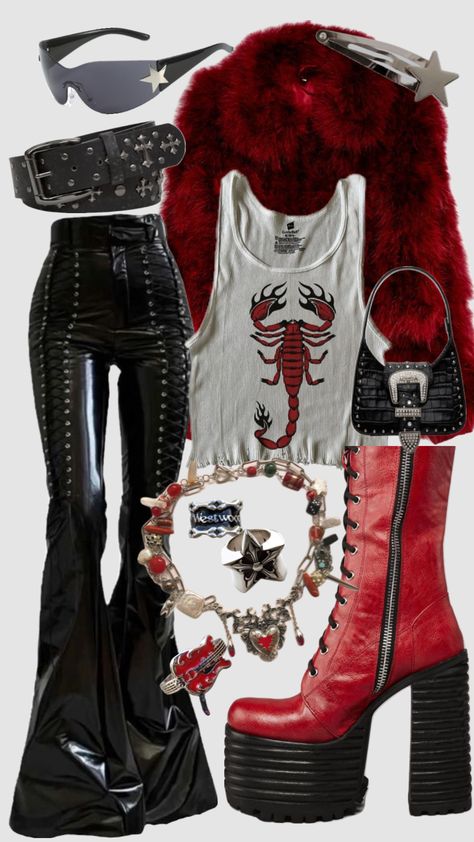 Rockstar gf tingz #outfitinspo #rockstar #rockstargirlfriend #rockstarsgf #rockstargfaesthetic #rock #rocknroll Style Your Clothes, 90s Concert, Aesthetic 80s, Rockstar Gf, How To Style, Dress Up, Boots, Red