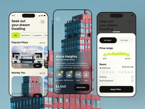 Real Estate App by Awe Mobile App for Awe Design Studio on Dribbble Mobile Dashboard Ui, Apps Layout, Ui Cards, School App, Real Estate Design, Real Estate App, Investment App, Digital Design Trends, App Home