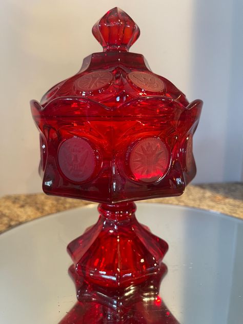 Fostoria Coin Glass!  Here is a Ruby red lidded candy dish! Measures 9" x 5".  Add to you Christmas decorations or accent pieces for home decor.  Heavy glass! Great gift too! Birthdays, 40th wedding anniversaries, Christmas gifts and more!  Don't wait it won't last long! 40th Wedding Anniversary, Glass Candy Dish, Glass Candy, Candy Dish, Candy Dishes, Fun Decor, Ruby Red, Accent Pieces, Glass Collection