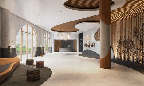 Coffee Museum on Behance Coffee Museum, Creative Exhibition, Hotel Lobby Design, Museum Interior, Lobby Interior Design, Study Project, Column Design, Lobby Interior, Lobby Design