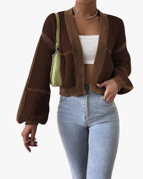 COZYEASE Women's Color Block Crop Cardigan Top Bishop Long Sleeve Open Front Sweater Cardigan Cropped Outfit, Cropped Outfits, Open Sweater, Crop Cardigan, Brown Cardigan, Color Block Cardigan, Cardigan Crop, Front Sweater, Open Front Sweater