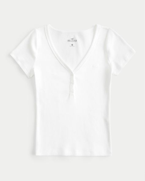 Women's Ribbed Short-Sleeve Icon Henley | Women's Tops | HollisterCo.com White Henley Top, White Henley, Short Sleeve Henley, Women's Henley, Ribbed Shorts, Logo Icon, Henley Top, Comfy Shorts, Hollister Tops