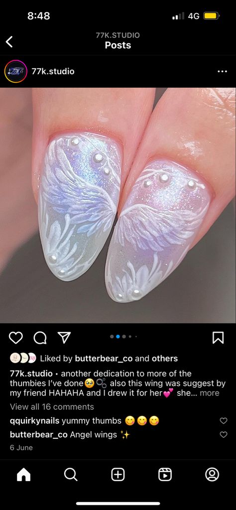 Wings Nails Design, Angel Wings Nail Art Design, Angel Wings Nails Designs, Fallen Angel Nail Designs, Angel Wings On Nails, Angel Wing Nail Art, Angel Inspired Nails, Angel Wing Nail Design, Nails With Angels