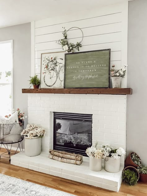 White Brick Fireplace With Shiplap Wall, Dark Stained Mantle, White Brick And Shiplap Fireplace, Accent Wall With White Fireplace, Paint Fireplace Brick, How To Paint Fireplace, White Painted Fireplace, New Home Decor Ideas, Fireplace Accent Walls