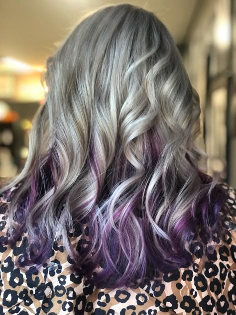 Grey Hair With Colored Tips, Gray Hair With Black Underneath, Salt And Pepper Hair With Purple, Purple Highlights On Grey Hair, Purple Dip Dye Hair Blonde, Best Color To Cover Grey Hair For Brunettes, Violet Highlights On Dark Hair, Gray Hair With Purple Highlights, Gray And Purple Hair