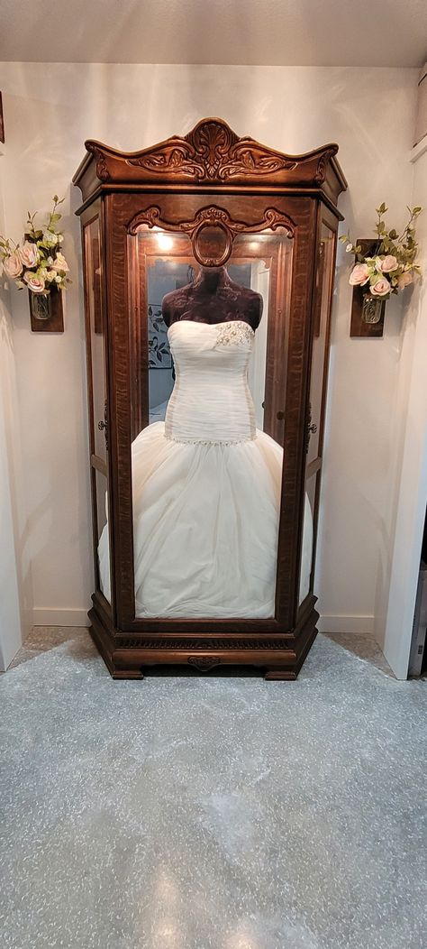 Wedding Dress Display in Antique China Cabinet Curio Cabinet In Bedroom Ideas, Wedding Dress Display At Home, Wedding Dress Display In Closet, Framed Wedding Dress Display, Wedding Dress Display Ideas, Wedding Dress Preservation Ideas, Dress Display Ideas, Wedding Dress Frame, Dream Closet Ideas