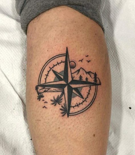 Leg Compass Tattoo, Mountain And Compass Tattoo, Men’s Compass Tattoo, Mountain Compass Tattoo, Carrie Tattoo, Compass Thigh Tattoo, North Star Tattoos, Bird Silhouette Tattoos, Lost Tattoo