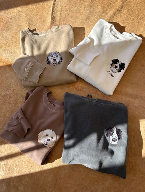 We Love Dog Moms & Dog Dads! Now offering Custom Pet Portraits! Stitched and shipped in Fort Worth Texas. Support small business. Each order donates to local DFW dog shelters. Embroidered Pet Sweatshirt, Embroidered Dog Sweatshirt, Custom Dog Shirt, Embroider Shirt, Custom Embroidered Sweatshirt, Dog Outfits, Patch Sweatshirt, Dog Embroidery, Blank Sweatshirts