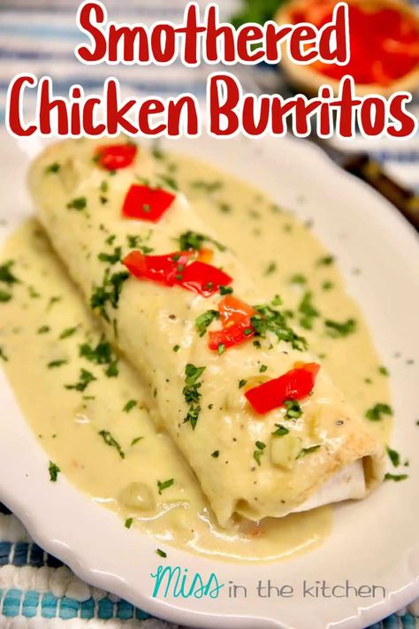 Smothered Chicken Burritos, Burrito Sauce, Smothered Burritos, Grilled Whole Chicken, Burrito Recipe Chicken, Chicken Black Beans, Frozen Burritos, Beans And Cheese, Green Chile Sauce