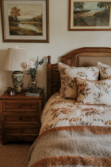 A cozy rustic bedroom!🤎📸 Rustic Romantic Bedroom, Cozy Rustic Bedroom, Cherry Wood Bedroom, Wood Bedroom Decor, Oak Bed, Oak Beds, Guest Bedroom Ideas, Bedroom Decor Inspiration, Bed Bedroom