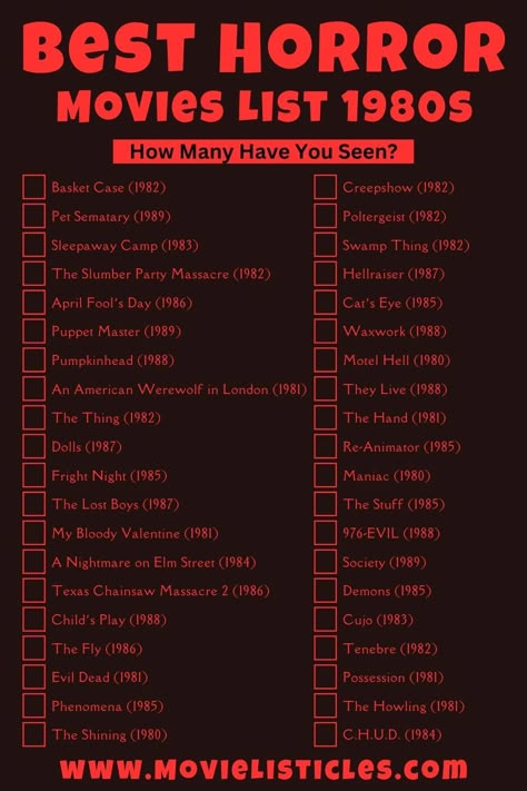 Best 1980s Horror Movies List - Movie Challenge - Free movie list printable Horror Movies Classic, Old School Horror Movies, List Of Horror Movies, Horror Movie Classics, Cult Classic Movies List, The Best Horror Movies, Horror Films To Watch, Slasher Movies List, 2000s Horror Movies