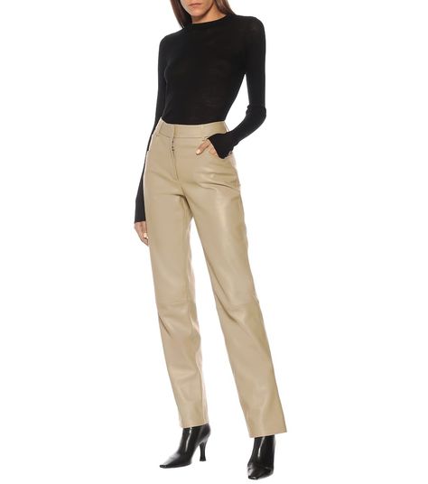 High-Rise Straight Leather Pants - Common Leisure | Mytheresa Leather Beige Pants Outfit, Taupe Leather Pants Outfit, Light Brown Leather Pants Outfit, Light Brown Leather Pants, Beige Leather Pants Outfit, Tan Leather Pants Outfit, Cream Leather Pants Outfit, Leather Pants Outfit Dressy, Beige Leather Pants