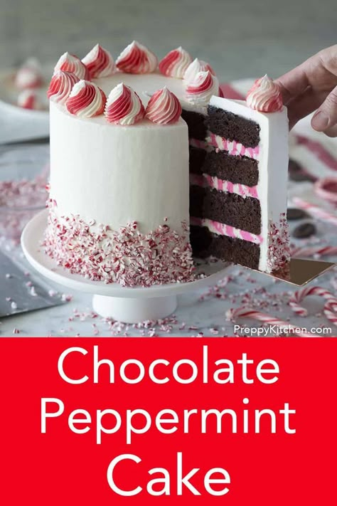 This rich, delicious chocolate cake from Preppy Kitchen is filled with a two tone peppermint buttercream, wrapped in silky Italian buttercream and skirted with crushed candy cane for a festive touch and added texture. #bestcakes #chocolatepeppermint #chocolatepeppermintcake Christmas Cake Chocolate, Peppermint Chocolate Cake, Holiday Cake Flavors, Candy Cane Buttercream Frosting, Christmas Desserts Peppermint, Candy Cane Christmas Cake, Chocolate Candy Cane Cake, Candy Cane Cake, Christmas Dessert Peppermint