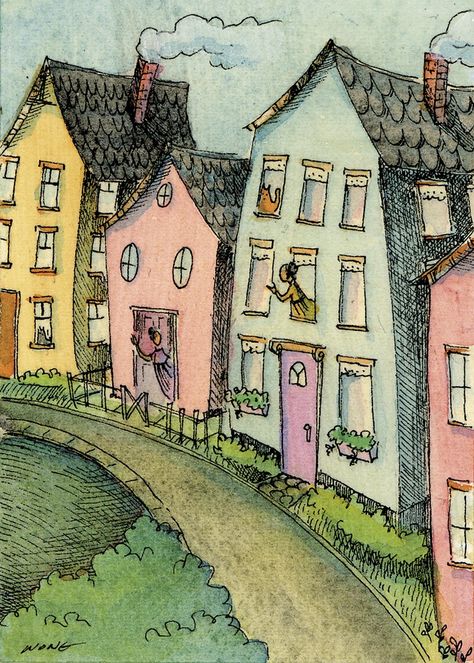 neighbors gossiping House Illustration, Wow Art, Art Cards, Naive Art, Artist Trading Cards, Childrens Illustrations, Whimsical Art, Art Classes, Card Art