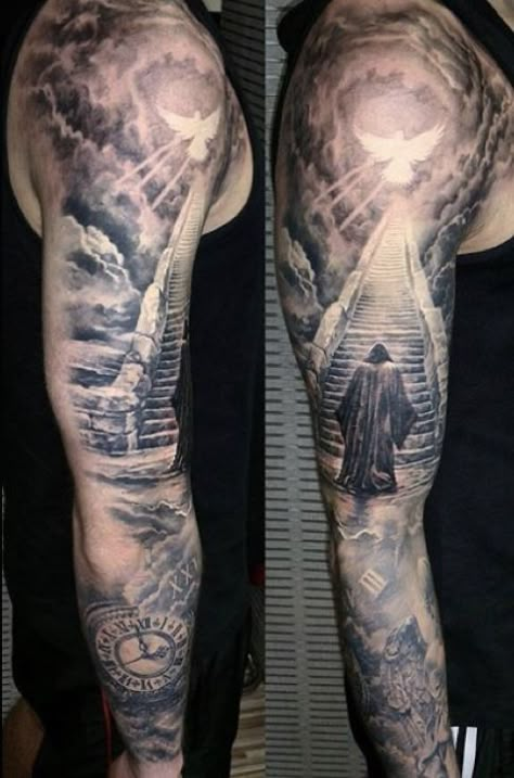 Stairway To Heaven With Praying Hands Tattoo, Heaven And Hell Tattoo Sleeve, Heaven And Earth Tattoo, Heaven Tattoos For Men, Clouds And Stars Tattoo, Stairs To Heaven Tattoo, Shoulder Piece Tattoo, Stairway To Heaven Tattoo, Tattoos For Siblings