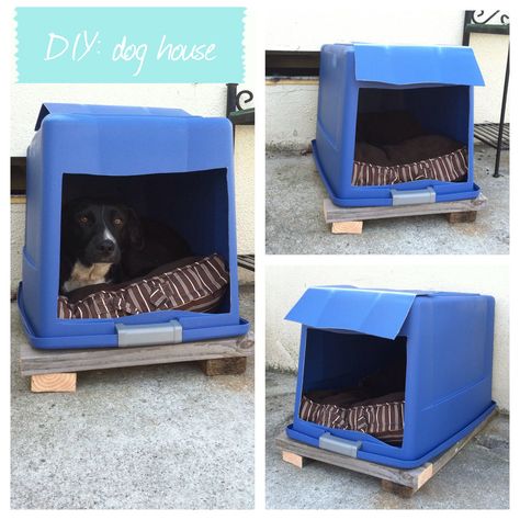 DIY dog house: plastic bin with lid attached, cut a hole in the front and put a dog bed inside, only took us about 15 minutes to put it all together! Keeps water out and is easy to move around Plastic Dog House, Dogs Bed, Diy Dog Crate, Dog Shelter, Plastic Bin, Puppy House, Dog House Diy, Diy Dog Bed, Pvc Pipes