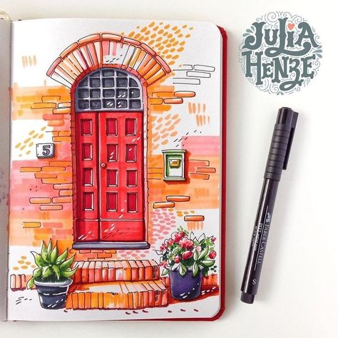 Corner Drawing Ideas, Sketch Markers Drawing, Julia Henze, Marker Drawing Ideas, Building Sketches, Italy Door, Drawing Buildings, Door Drawing, Markers Drawing Ideas