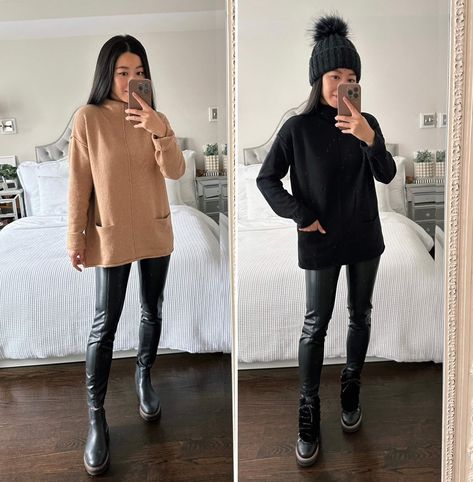 how to style a tunic sweater with leather leggings and boots // petite friendly tunic sweater try on & review Sweater And Leggings Outfit Winter, Sweater Tunic Outfit, Leggings Boots Outfit, Leather Leggings With Boots, Sweater With Leather Leggings, Tunic Sweater Outfits, Boston Winter, Leggings Outfit Winter, Leather Tights