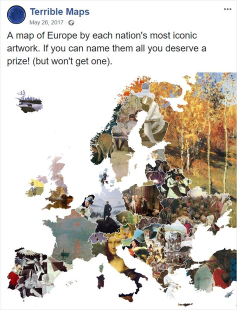 A Map Of Europe By Each Nation's Most Iconic Artwork. If You Can Name Them All You Deserve A Prize! (But Won't Get One). Illusion Kunst, Famous Art Pieces, Istoria Artei, Most Famous Paintings, Caspar David Friedrich, Iconic Artwork, Famous Artwork, Art Carte, Johannes Vermeer