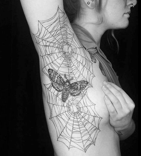 Spiderweb Rib Tattoo, Spiderweb Elbow Ditch Tattoo, Armpit Spider Web Tattoo, Spider Web Tramp Stamp, Spiderweb Leg Tattoo, Spiderweb Armpit Tattoo, Shoulder Spiderweb Tattoo, Moth Spider Web Tattoo, Spiderweb Face Tattoo