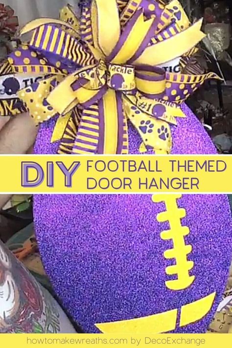 Football Diy Crafts, Dollar Tree Football Wreath Form Diy, Fall Football Crafts, Football Wreath Diy, Louisiana Decor, Football Wreaths, Sports Wreath, Craft Signs, Wreath Making Tutorials