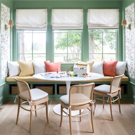 Southern Living Idea House, Dining Nooks, Small Bathroom Colors, Banquet Seating, Kitchen Banquette, Southern Living House Plans, Southern Design, Southern Living Homes, Green Paint Colors