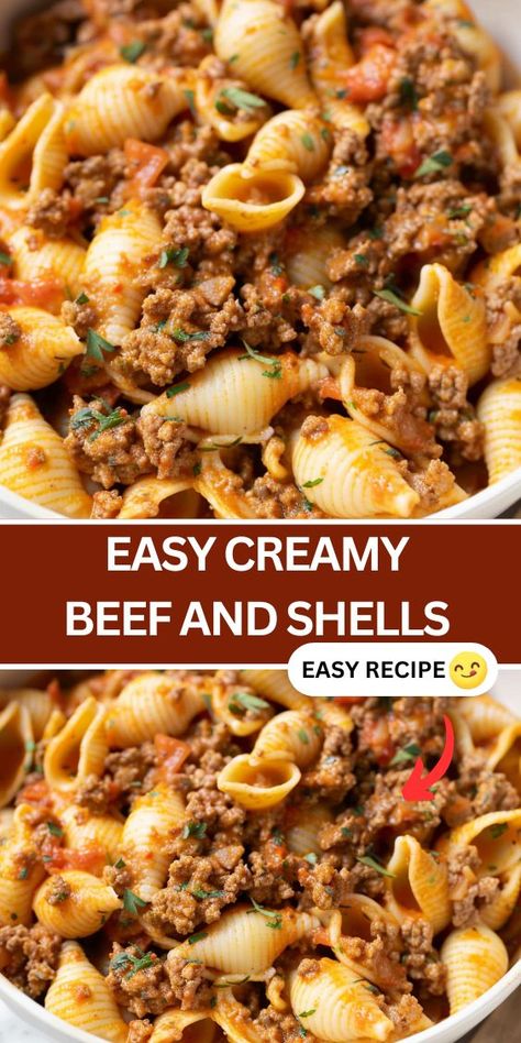 Beef And Shells Pasta, Creamy Beef And Shells Recipe, Beef Shells, Creamy Beef And Shells, Beef And Shells, Spinach Tomato Pasta, Shell Pasta Recipes, Week Meals, Beef Pasta Recipes