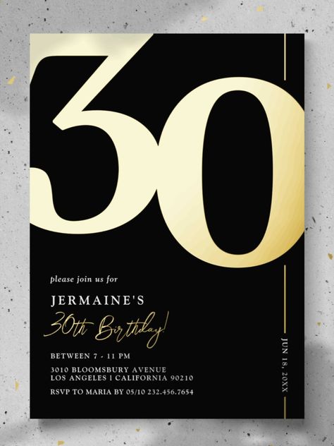 Elegant Thirty 30th Birthday Party Foil Invitation
Real foil black and gold 30th birthday party invitations featuring the number '30' in a large bold serif font, and a modern invite template that is easy to personalize! #birthday #happybirthday #birthdaycards #birthdayparty #thirties #thirtybirthday #elegant Elegant 30th Birthday Party, Gold 30th Birthday, Picnic Party Decorations, Event Invitation Design, Grand Opening Invitations, 30th Birthday Party Invitations, 30th Birthday Party, Number 30, Thirty Birthday