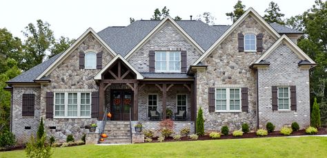 Amazing combination of stone and brick with custom stained wood shutters Rustic Brick House Exterior, Brick And Stone House Exterior, Brick And Stone House, Brick And Stone Exterior Combinations, Stone And Brick House Exterior, Exterior House Brick, House Pic, Brick House Plans, Forest Meadow