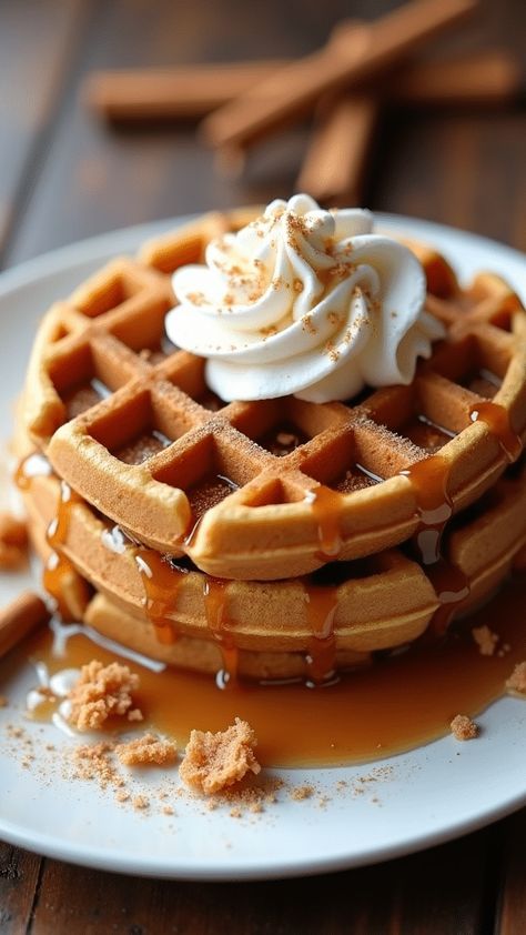 Cinnamon Roll Waffles with Caramel Sauce Fluffiest Cinnamon Rolls, Caramel Waffles, Cinnamon Roll Waffles, Fluffy Waffles, Cinnamon Roll Dough, Ultimate Breakfast, Perfect Pancakes, Pumpkin Pie Spice, Breakfast Treats