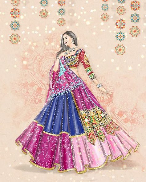 Chaniya Choli Illustration Sketches, Dress Illustration Design, Dress Illustration Art, Bride Fashion Illustration, Mehendi Function, Wardrobe Planner, Fashion Illustration Tutorial, Fashion Illustration Collage, Fashion Design Books