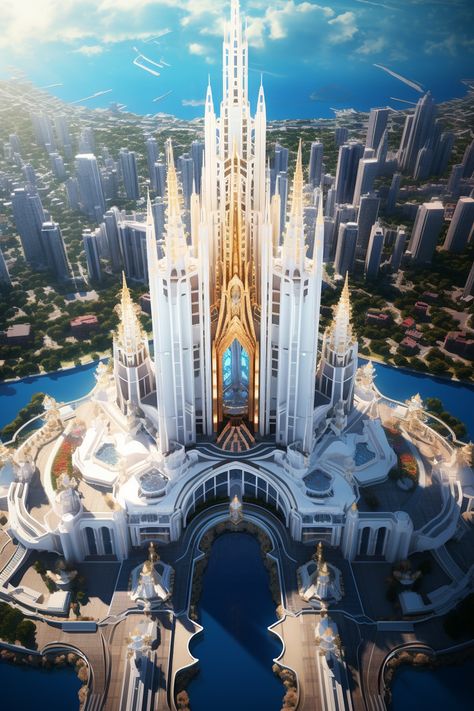 A futuristically designed cathedral, it is an architecture AI artwork made with Midjourney. Futuristic Kingdom, Futuristic Castle, Futuristic Architecture Home, Futuristic City Utopia, White Futuristic, Cathedral Design, Fantasy Architecture, Futuristic Building, Skyscraper Architecture