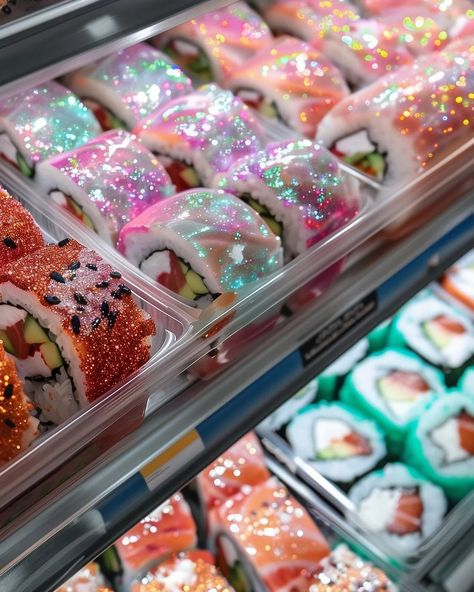 ⓢⓤⓢⓗⓘ ⓐⓝⓨⓞⓝⓔ? 🍣🍙 #Sushi #Japan #IridescentAIArt #Iridescent #IridescentArt #GroceryStore #GlitterSushi #GlitterArt Futuristic Food Ideas, Glow Foods, Glittery Aesthetic, Futuristic Food, Sushi Rice Recipes, Food References, Food Wallpapers, Sushi Burrito, Sushi Art