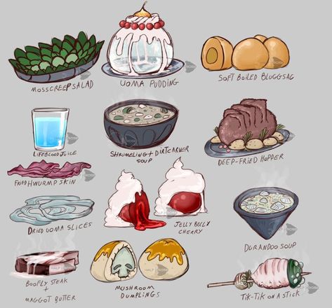 Alien Food Concept Art, Fantasy Food Concept Art, Fantasy Food Art, Fae Food, Worldbuilding Art, Drawings Of Food, Food Fanart, Mushroom Dumplings, Dnd Food