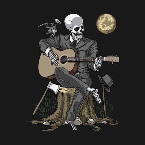 Skeleton Playing Guitar Tattoo, Scary Room Decor, Someone Playing Guitar, Skull Playing Guitar, Skeleton With Guitar, Scary Room, Spooky Poster, Skeleton Playing Guitar, Acoustic Guitar Art