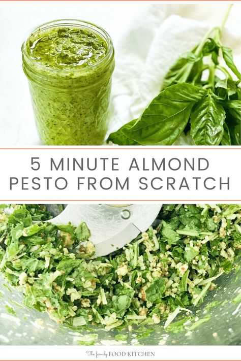 If you're a fan of pesto you have to try this easy Almond Pesto! It takes just minutes to make with a handful of ingredients. Plus it can be used in so many ways as a sauce, dip and spread. This pesto recipe without pine nuts is definitely a keeper. #FamilyFoodKitchen Pesto Recipe Without Pine, Che Recipe, Almond Pesto Recipe, Pesto Sauce Recipe, Almond Pesto, Refined Sugar Free Recipes, How To Make Pesto, Salmon Dishes, Homemade Pesto