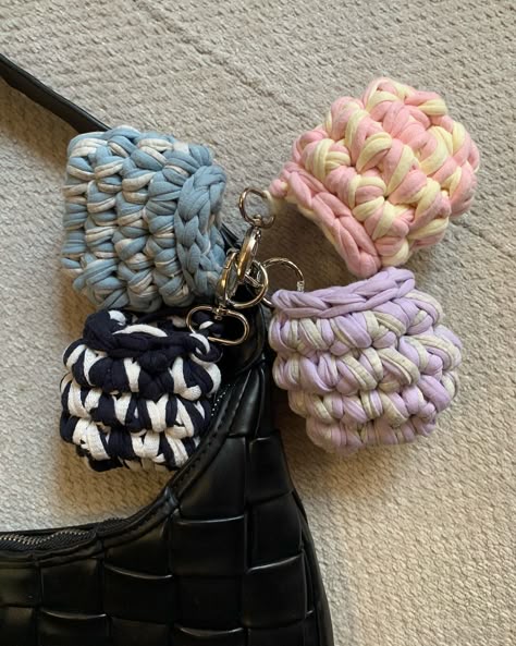 airpod cases and flower keychains to spice up your bags 👜 handmade with looooove dm to order Tshirt Yarn, Easy Crochet Animals, Airpod Cases, Crochet T Shirts, Crochet Bouquet, Crochet Pouch, Crochet Handbags Patterns, Bags Handmade, Crochet Clothing