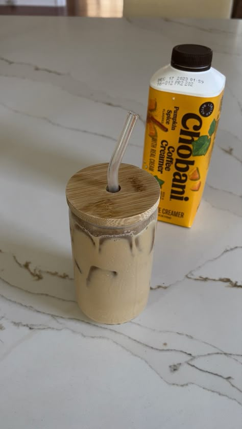 This is the chobani pumpkin creamer that I mixed into my iced coffee and it taste delicious! Chobani Aesthetic, Chobani Coffee Creamer Recipe, Chobani Coffee Creamer, Chobani Creamer, Fall Iced Coffee Aesthetic, Fall Coffee Aesthetic, Pumpkin Creamer, Carmel Frappe Aesthetic, Pumpkin Cream Cold Brew Aesthetic