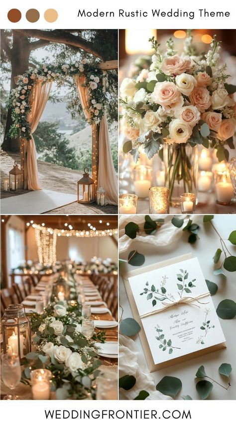 Modern rustic wedding themes blending chic style with natural elements. Dreamy Rustic Wedding, April Rustic Wedding, June Rustic Wedding Colors, Classy Farmhouse Wedding, Wedding In Spring Ideas, Wedding Theme Ideas Rustic, Wedding Styles Themes Rustic, Wedding Ideas 2025 Trends, Summer Wedding Inspo Colors