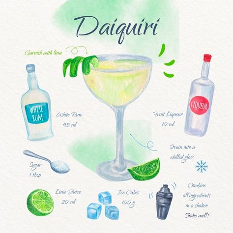 Daiguiri cocktail recipe design Free Vec... | Free Vector #Freepik #freevector #design #drink #cocktail #illustration Cocktail Recipe Design, Cocktail Aesthetic, Unique Cocktail Recipes, Recipe Design, Daiquiri Recipe, Cocktail Design, Cocktails Vector, Old Fashioned Drink, Coctails Recipes